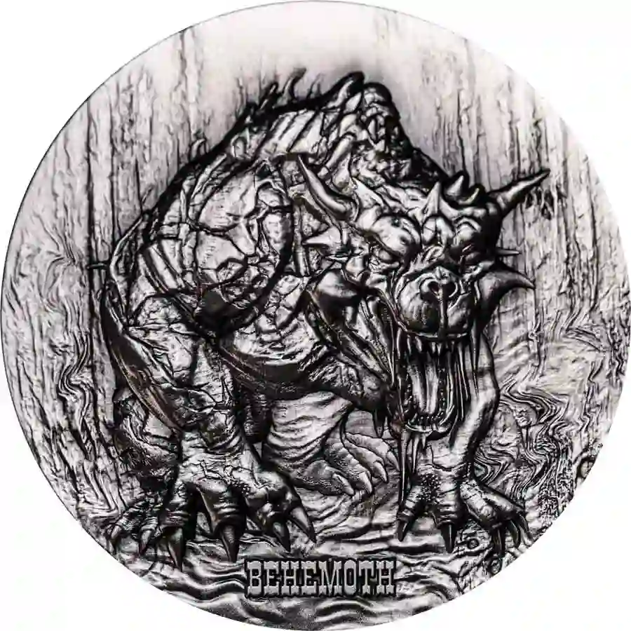 Reverse-Behemoth-Antique-Cameroun 2024 Cameroon 2 Ounce Behemoth High Relief Antique Finish Silver Coin