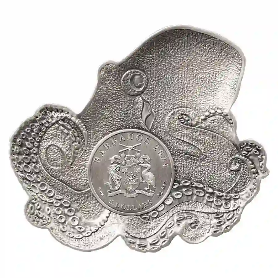 octopus-obv 2024 Barbados 3 oz Shift of Color Octopus Enamel Silver Coin