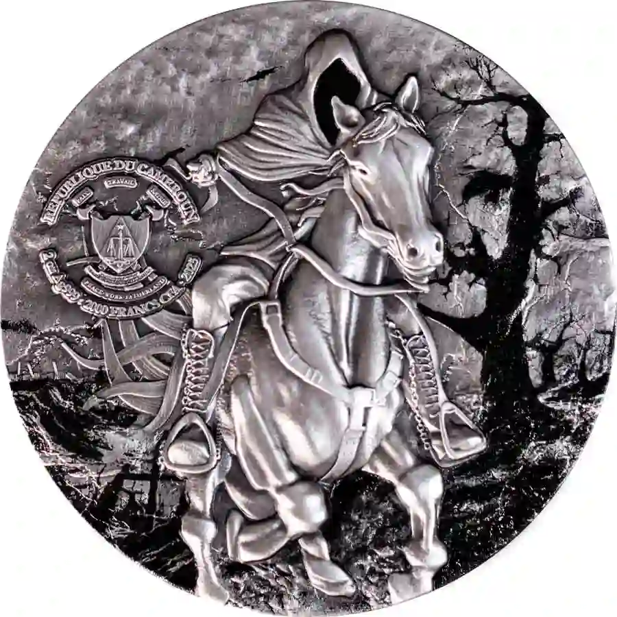 Obverse-Headless-Horsemen-Cameroun 2025 Cameroon Headless Horsemen High Relief Color Antique Finish Silver Coin