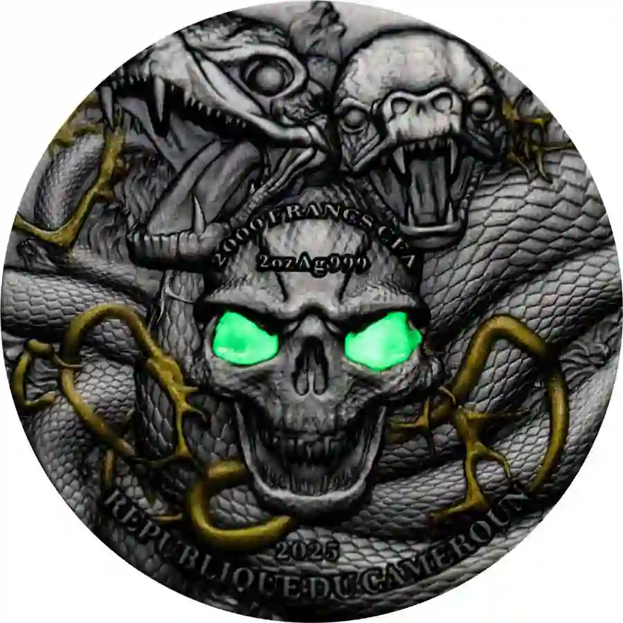 Queen-of-Voodoo-Marie-Laveaux-Obverse-with-Glow-in-the-Dark-Eye-with-black-background-no-light 2025 Cameroon 2 oz Marie Laveau High Relief UV Color Antique Finish Silver Coin