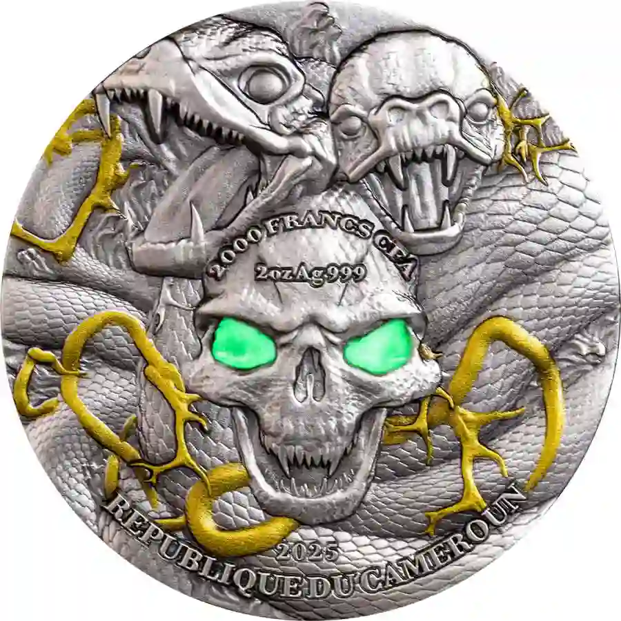 Queen-of-Voodoo-Marie-Laveaux-Obverse-with-Glow-in-the-Dark-Eye 2025 Cameroon 2 oz Marie Laveaux High Relief Color Antique Finish Silver Coin