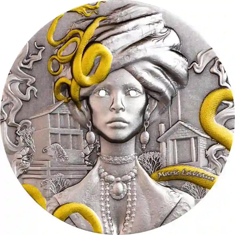 Queen-of-Voodoo-Marie-Laveaux-Reverse-with-glow-in-the-dark-eye 2025 Cameroon 2 Ounce Marie Laveaux High Relief Color Antique Finish Silver Coin