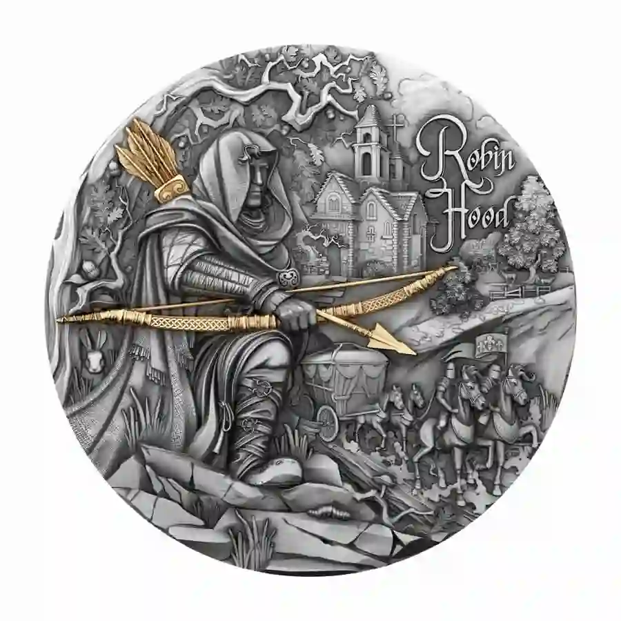 Robin_Hood_1 2024 Niue 2 Ounce Robin Hood High Relief 24K Gilded Antique Finish Silver Coin