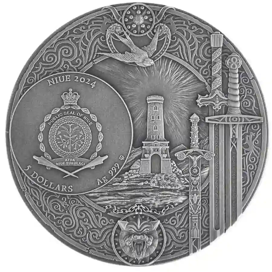obv 2024 Niue 2 oz Witcher Tower of the Swallow High Relief Gilded Silver Coin