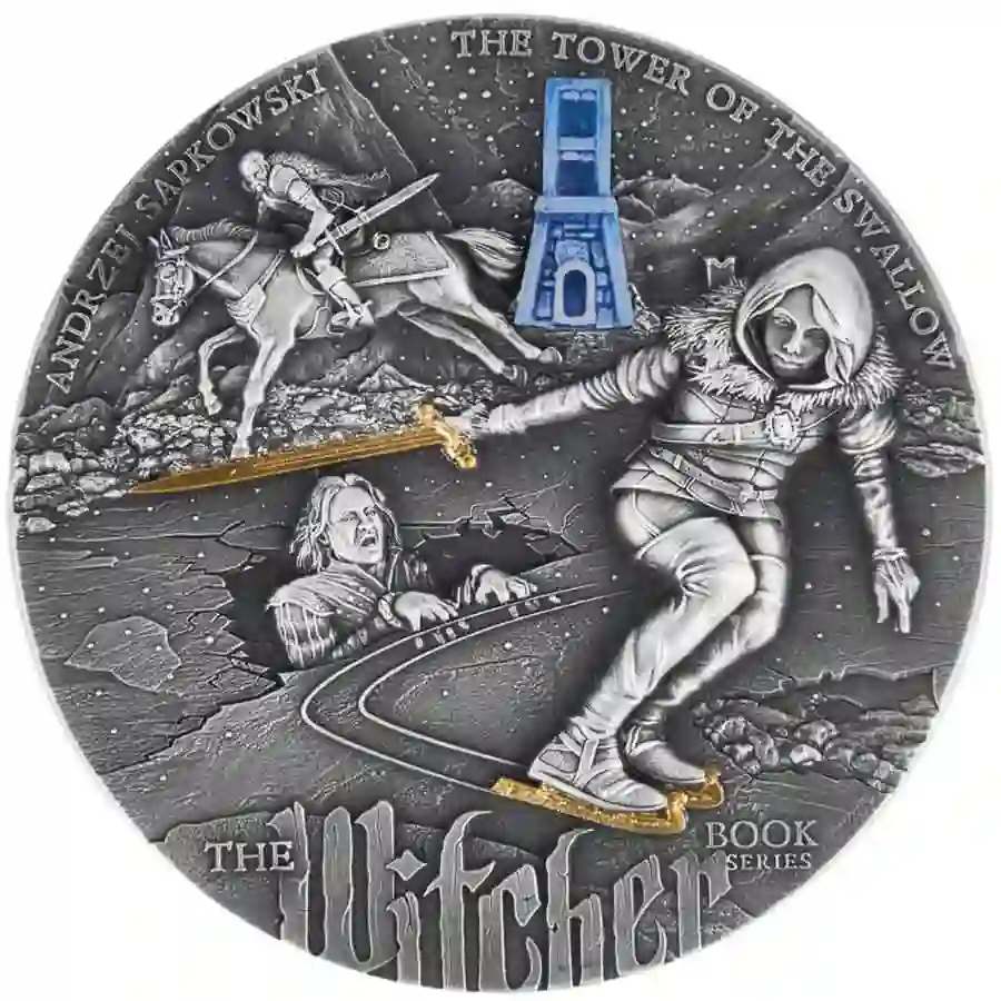 rev 2024 Niue 2 Ounce Witcher Tower of the Swallow High Relief Gilded Silver Coin
