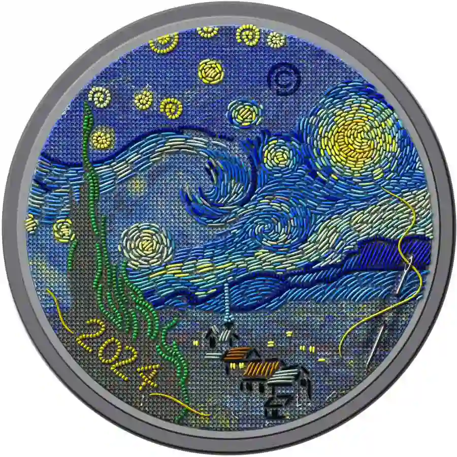 1 2024 Palau 3 Ounce Starry Night Fine Embroidery Art Color Silver Coin