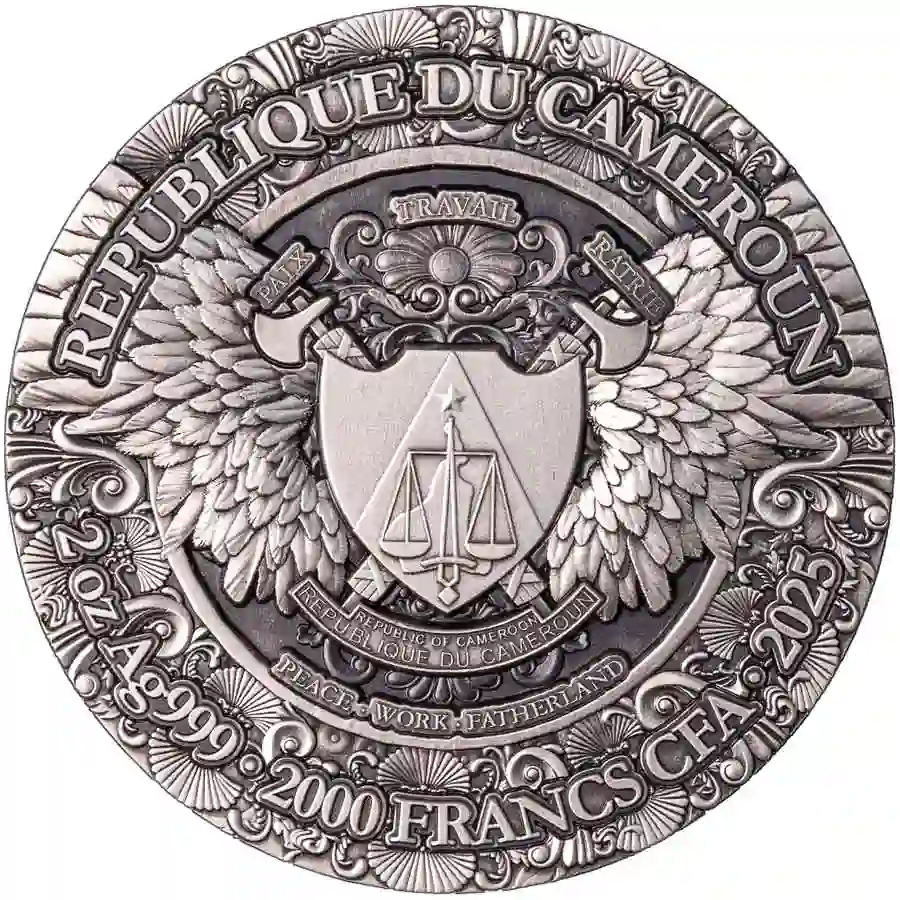 obv 2025 Cameroon Archangel Raguel High Relief Color Antique Finish Silver Coin