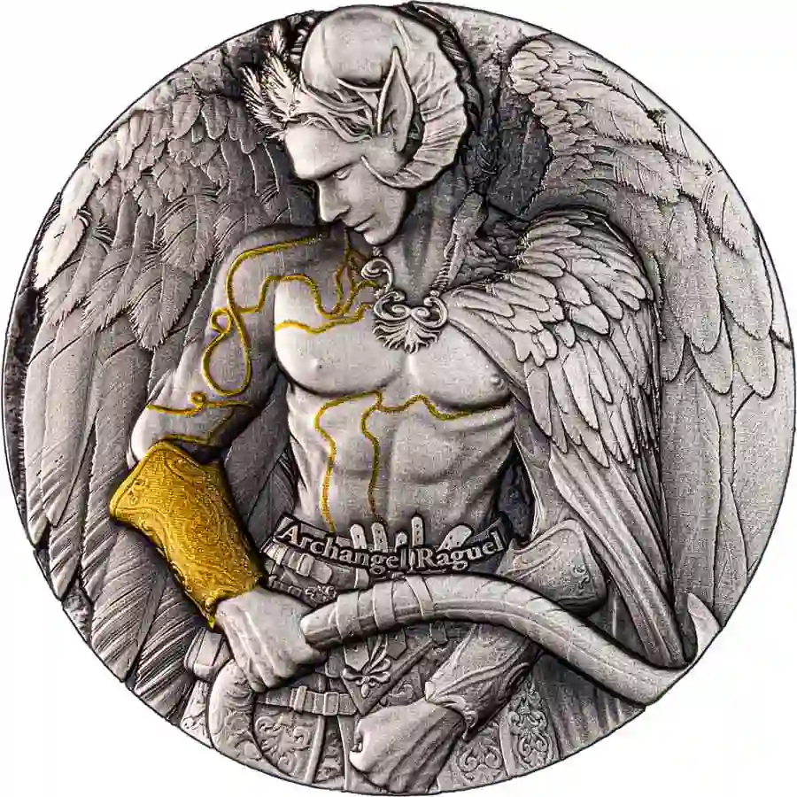 rev-1 2025 Cameroon 2 Ounce Archangel Raguel High Relief Color Antique Finish Silver Coin