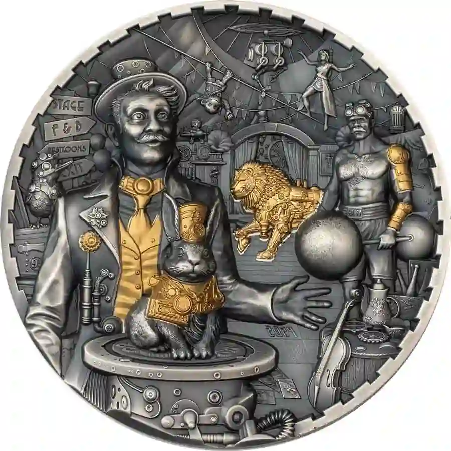 30817_Steampunk---Carnival_r 2024 Cook Islands 3 Ounce Steampunk Carnival High Relief Gilded Silver Coin