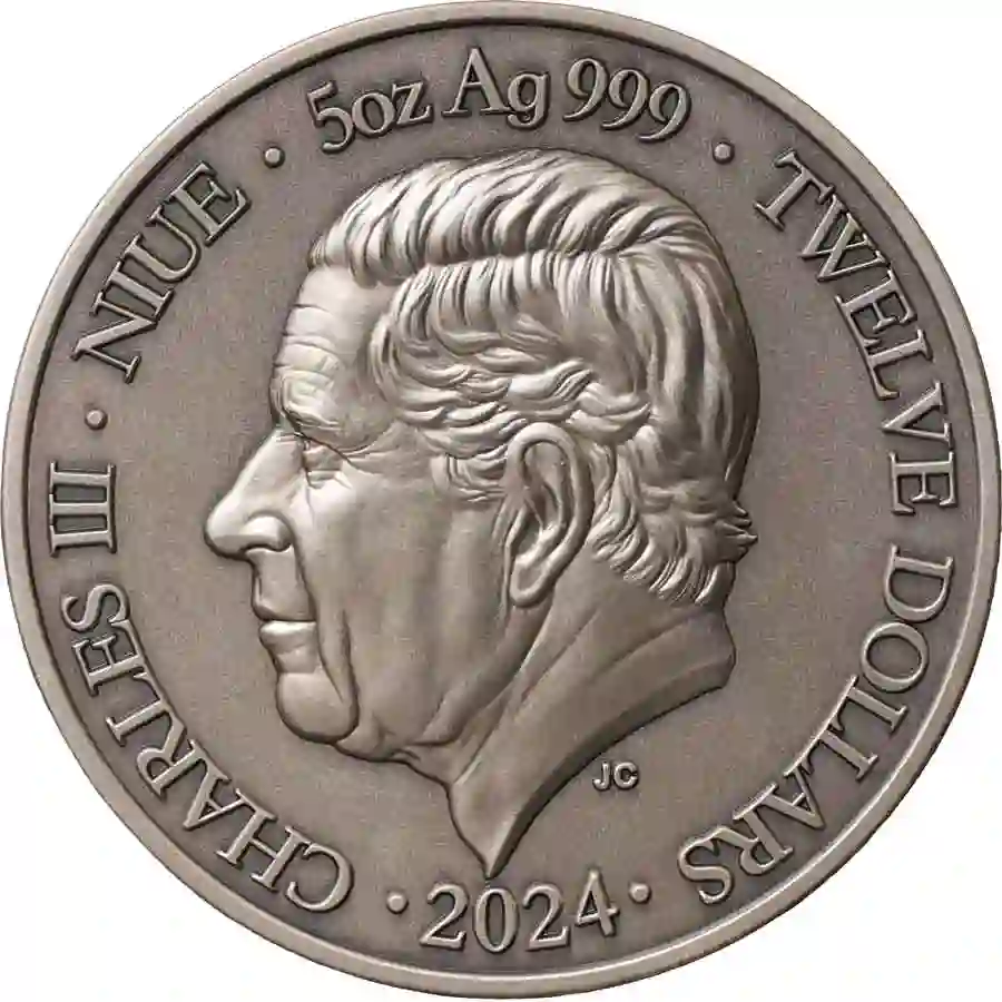 libra-obverse 2024 Niue 5 oz Libra UV Color High Relief Antique Finish Silver Coin
