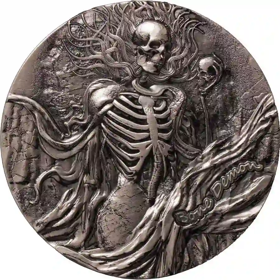 rev 2025 Cameroon 2 Ounce Bone Demon High Relief Antique Finish Silver Coin