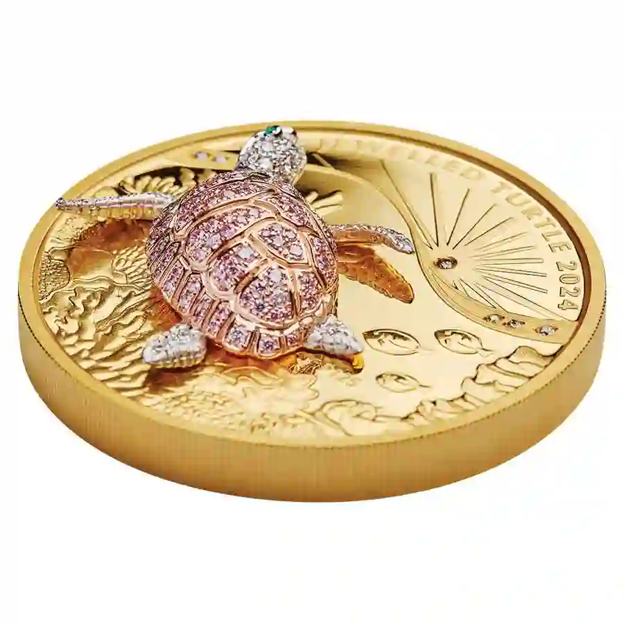 turtle-detail-3 Jewelled Turtle Pink Diamond Gold Proof Coin