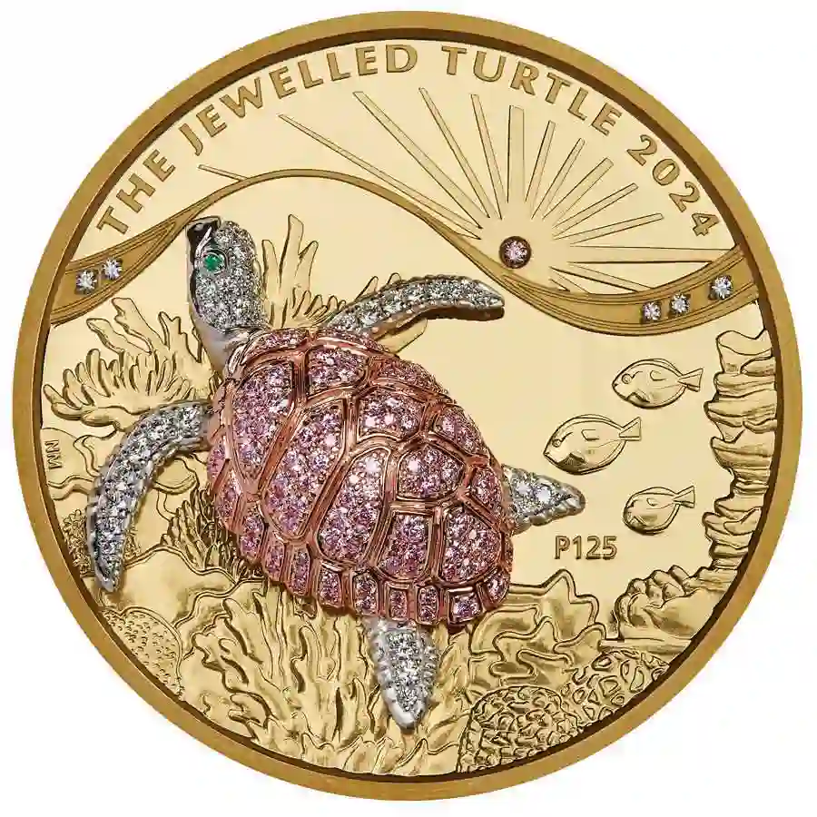 turtle-rev 2024 Australia 10 Ounce Jewelled Turtle Argyle Pink Diamond Gold Proof Coin