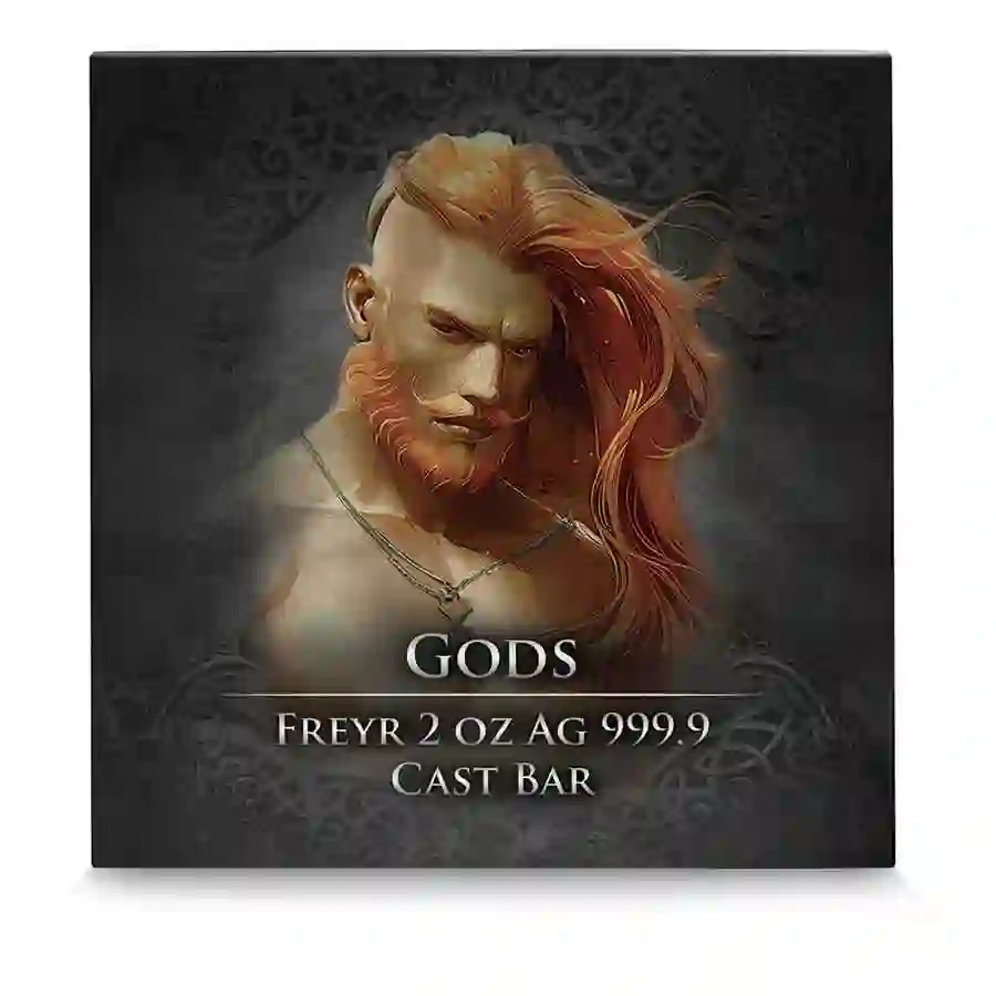 freyr-box-front Germania 2 Ounce Gods Freyr Color Antique Finish Silver Cast Bar