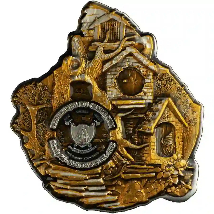 obv 2025 Cameroon 2 oz Dwarf UV Color Antique Finish High Relief Silver Coin