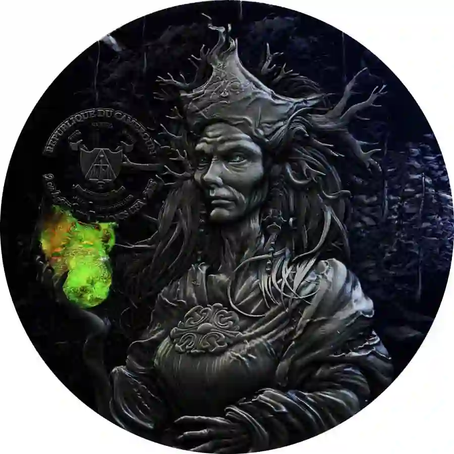 obv 2025 Cameroon 2 oz Morgan Le Fay High Relief Color Antiqued Silver Coin