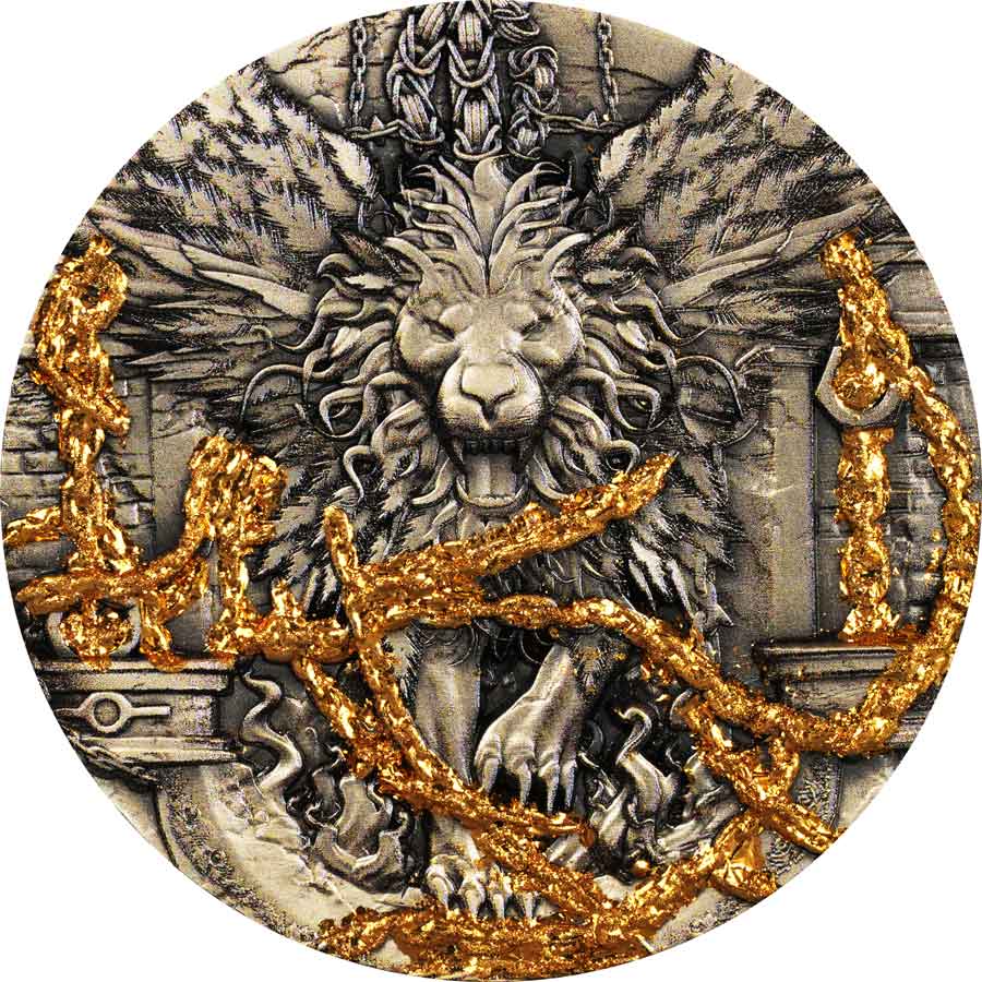 obv 2025 Cameroon 2 oz Neo Manticore High Relief 24K Gilded Silver Coin