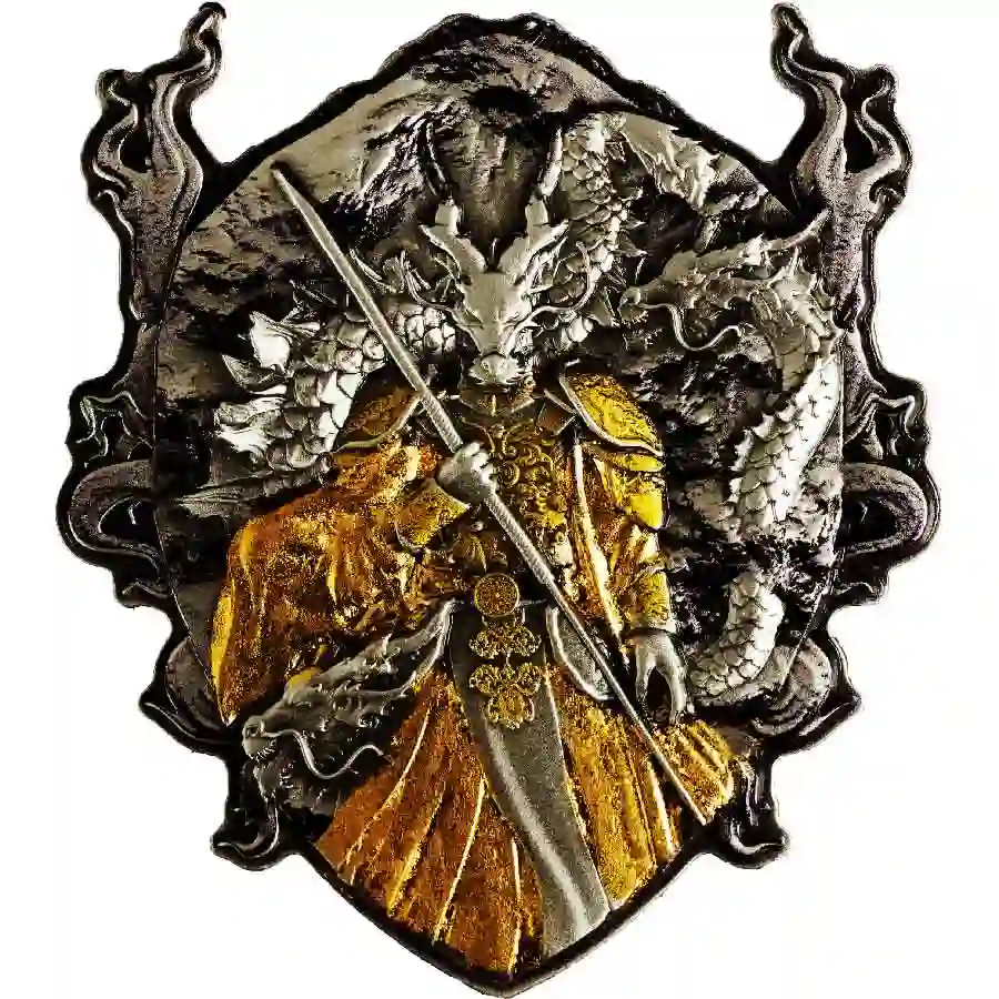 rev 2025 Cameroon 2 Ounce Dragon Warrior High Relief 24K Gilded Silver Coin