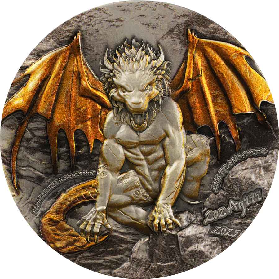 rev 2025 Cameroon 2 Ounce Neo Manticore High Relief 24K Gilded Silver Coin