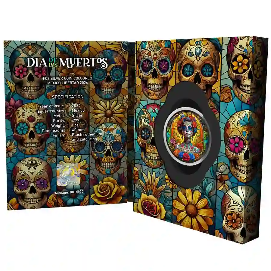 inner 2024 Dia de los Muertos Stained Glass Colored Silver Coin