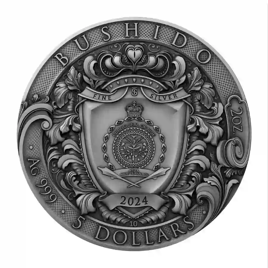 obv 2024 Niue 2 oz Samurai Bushido Code Color Antique Finish Silver Coin