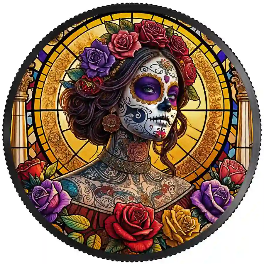 obv 2024 Mexico 1 oz Dia de los Muertos Stained Glass Colored Silver Coin