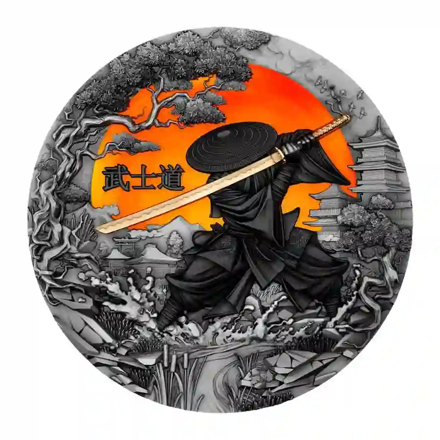 rev 2024 Niue 2 Ounce Samurai Bushido Code Color Antique Finish Silver Coin
