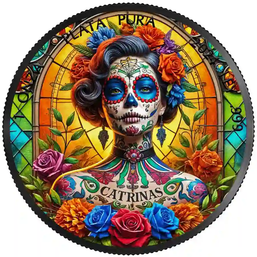 rev 2024 Mexico 1 Ounce Dia de los Muertos Stained Glass Colored Silver Coin