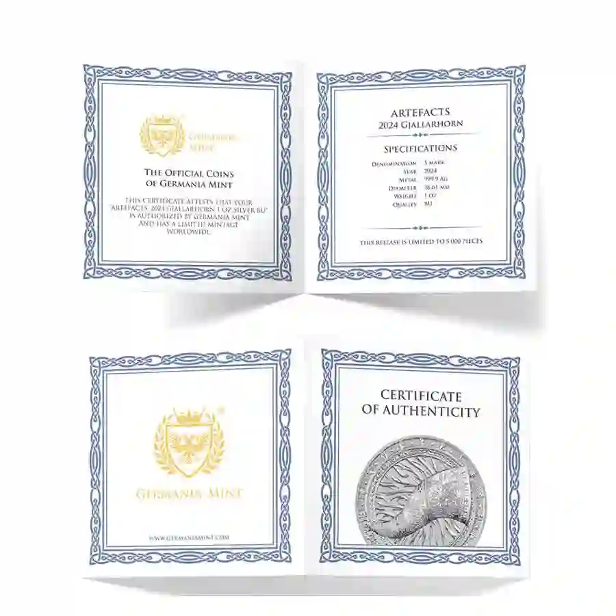 1-oz-cert 2024 Artefacts Gjallarhorn 5 Mark BU Silver Round