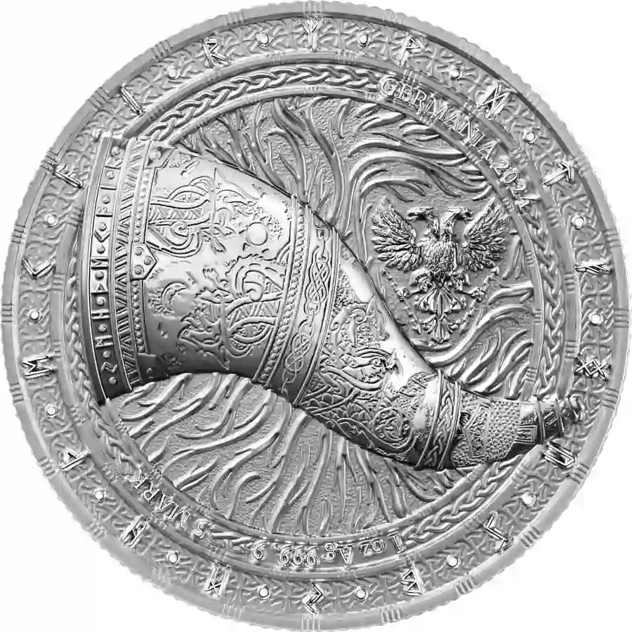 1-oz-obv 2024 Germania 1 oz Artefacts Gjallarhorn 5 Mark BU Silver Round