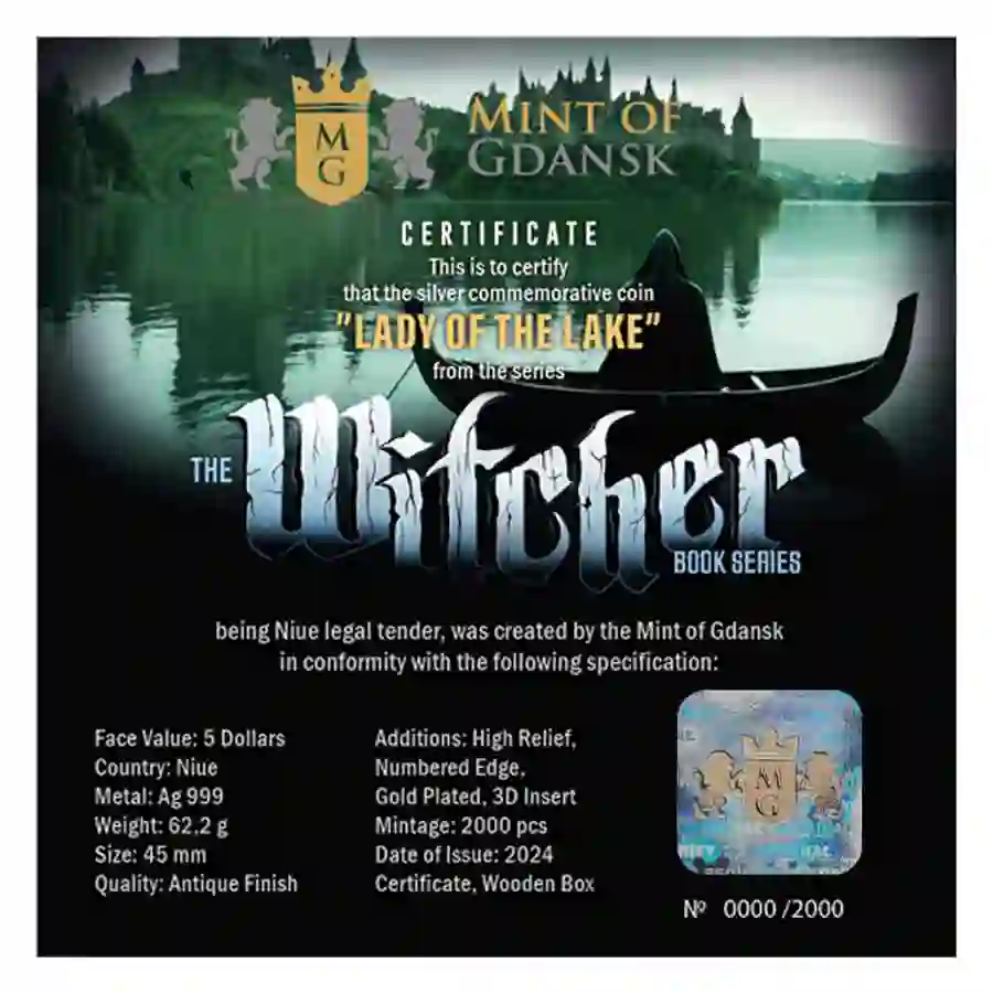 cert Niue Lady of the Lake High Relief Gilded Silver Coin