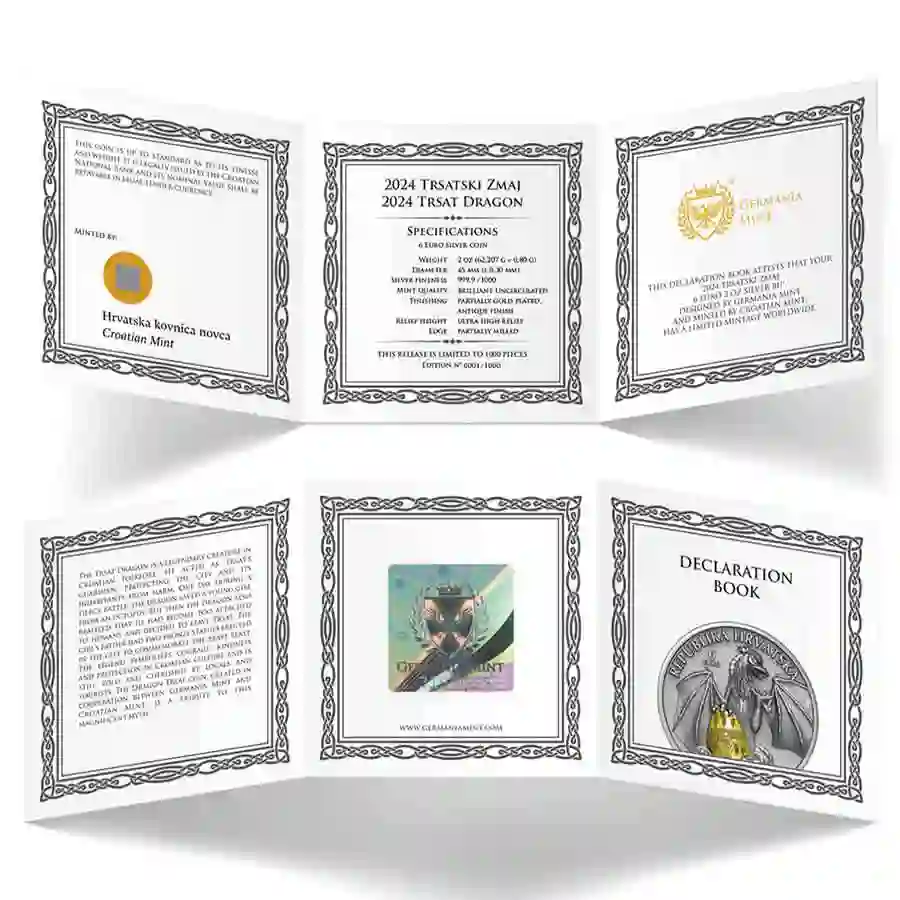 cert Trsat Dragon 6 Euro 24K Gilded High Relief Silver Coin