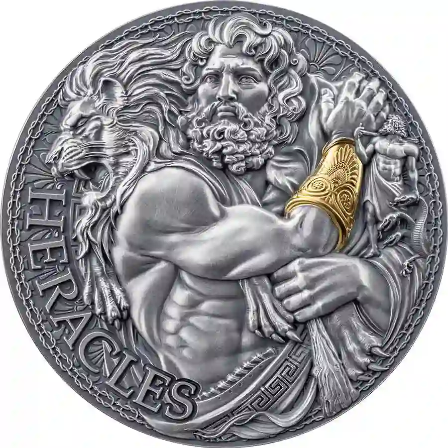heracles-rev 2025 Cameroon 2 Ounce Heracles 24K Gilded High Relief Silver Coin
