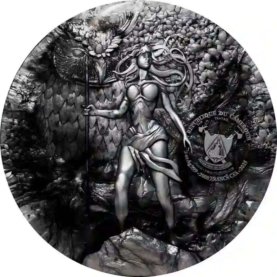 obv 2025 Cameroon 2 oz Athena UV Color High Relief Silver Coin