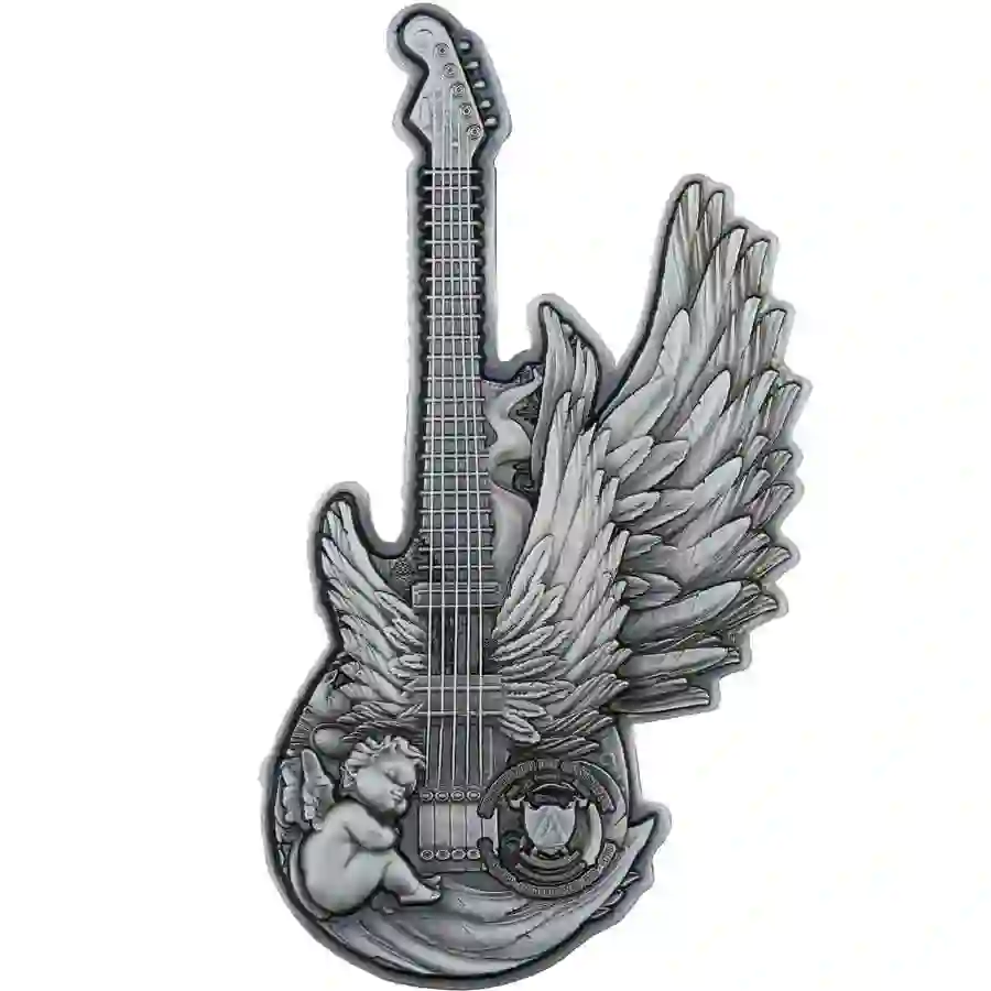 obv 2025 Cameroon 2 oz Guitar of Angel Antique Finish Silver Coin