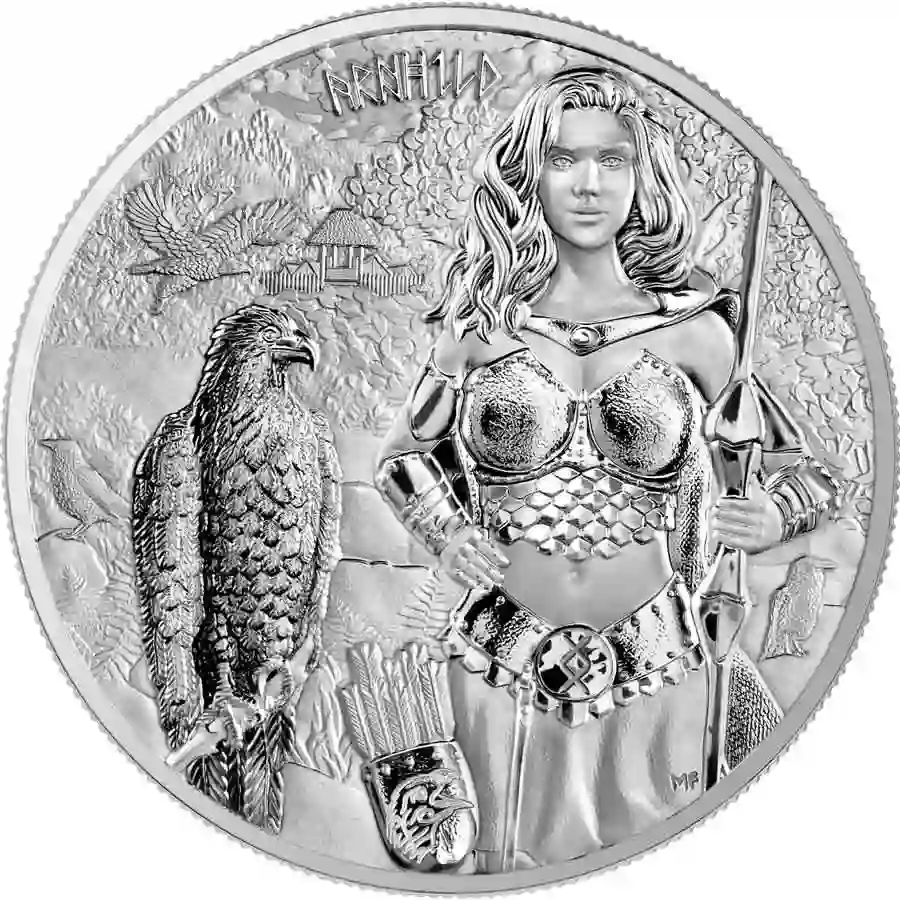 1-oz-bu-rev 2025 Germania 1 Ounce Valkyries Arnhild 5 Mark BU Silver Round