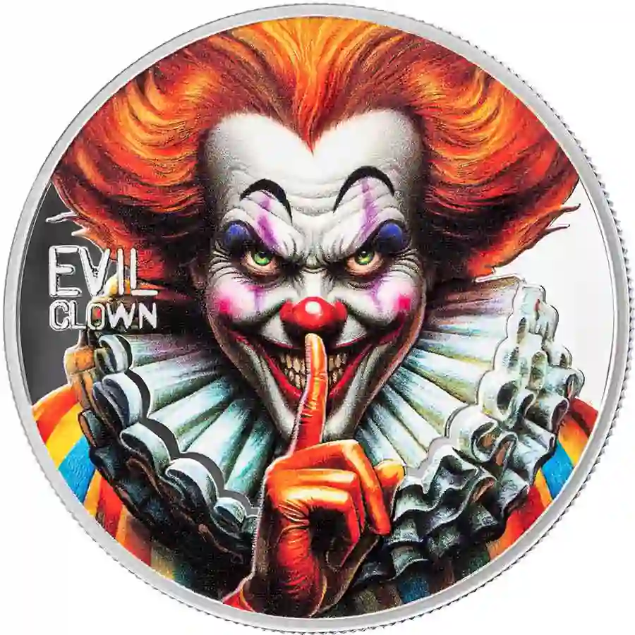clown-rev 2025 Cameroon 1 Ounce Urban Legends Evil Clown Colored Silver Proof Coin