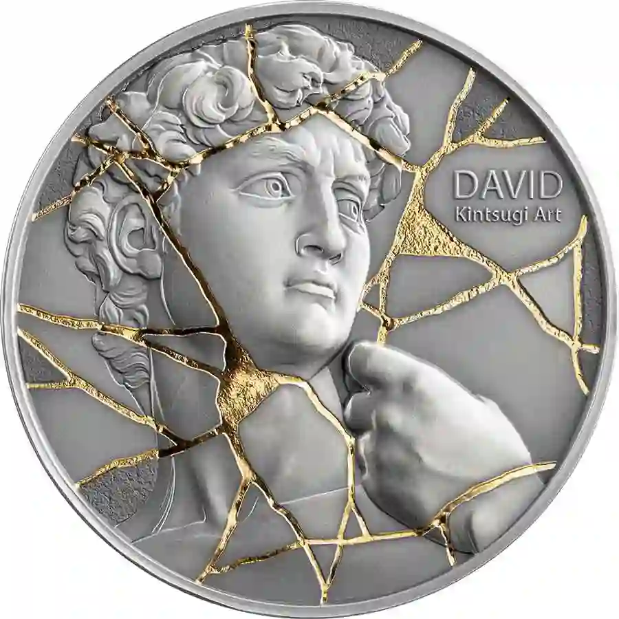 david-rev 2025 Cameroon 2 Ounce David 24K Gilded High Relief Antiqued Silver Coin