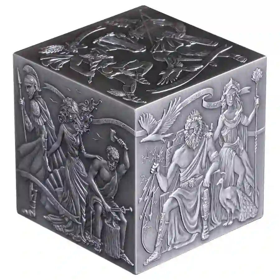 greek-cube-iso 2025 Burundi 1 Kilogram Greek Gods 3D Cube Antiqued Silver Coin