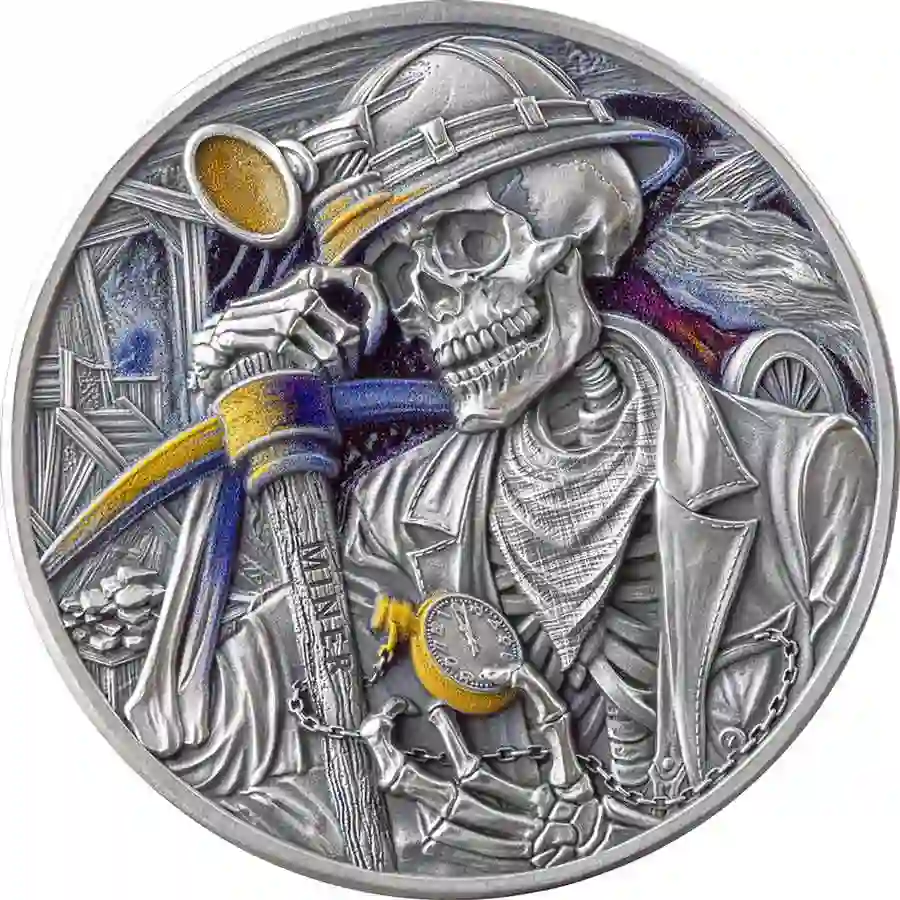 miner-rev 2025 Ghana 1 Ounce Memento Mori Miner High Relief Color Silver Coin