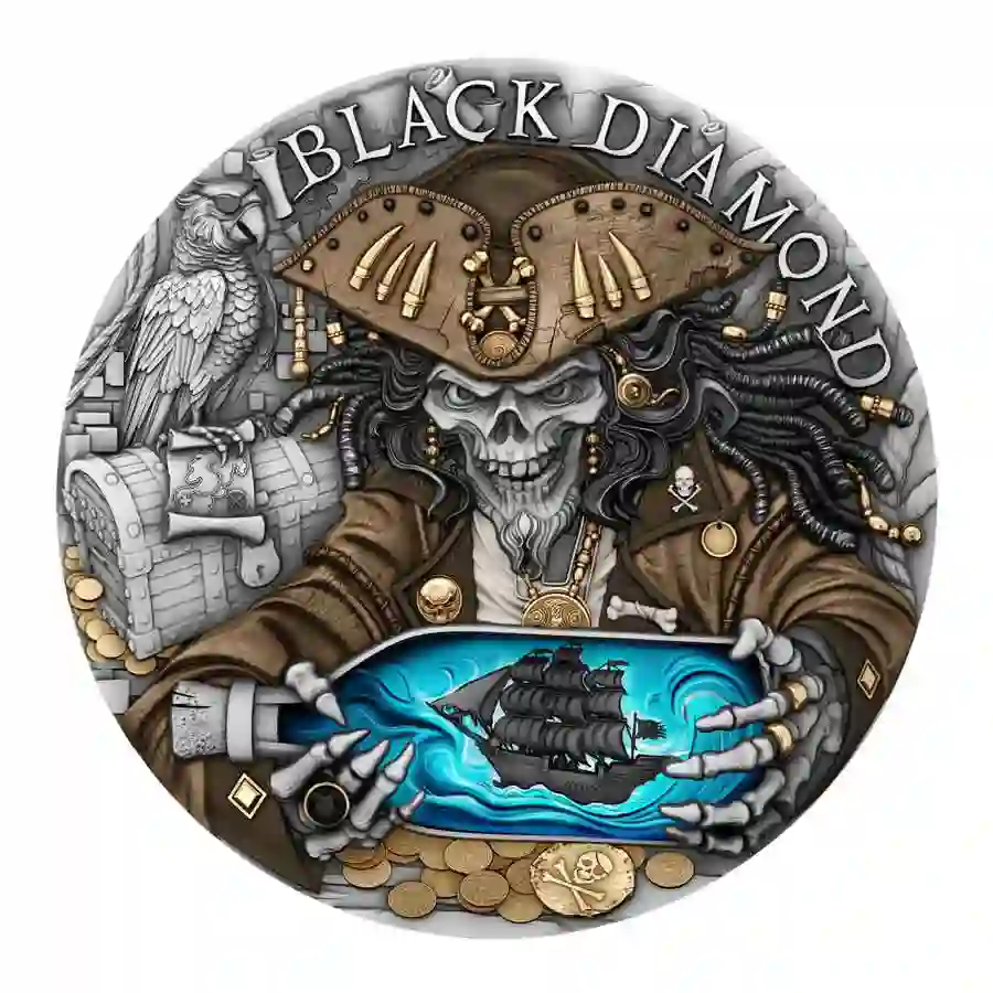 rev 2025 Niue 2 Ounce Pirates Black Diamond UV Color High Relief Silver Coin