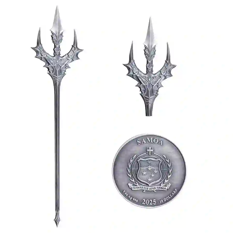 trident-coin 2025 Samoa 5 Ounce Neptune's Trident 3D Minted Antique Finish Silver Coin