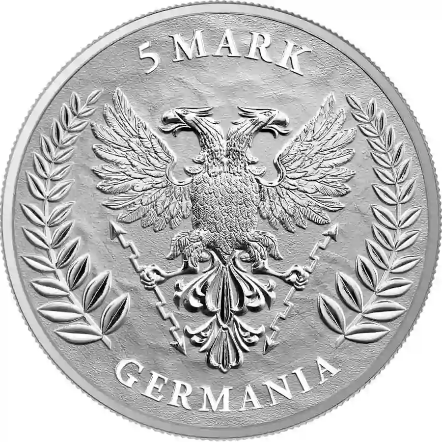 1-oz-bu-obv 2025 Germania 1 oz Lady Germania 5 Mark BU Silver Round