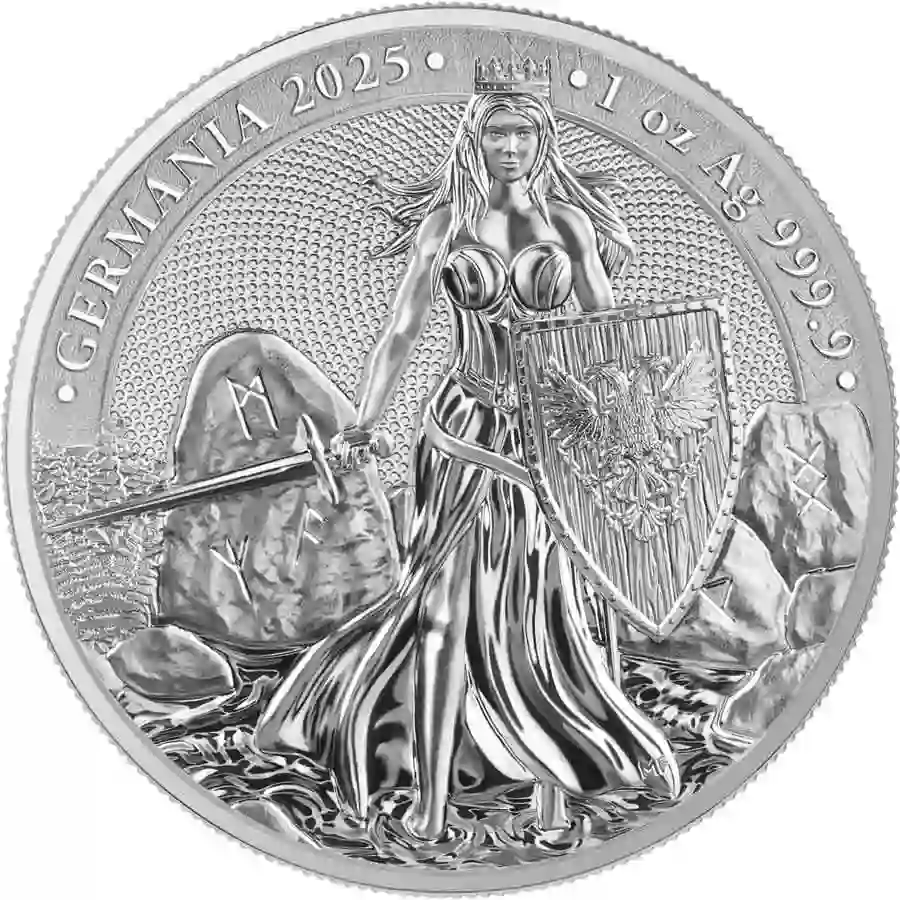 1-oz-bu-rev 2025 Germania 1 Ounce Lady Germania 5 Mark BU Silver Round