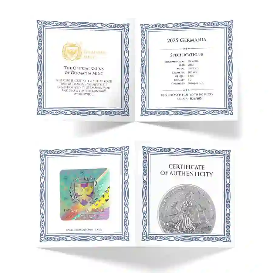 1-oz-kg-cert 2025 1 Kilo Lady Germania 80 Mark BU Silver Round