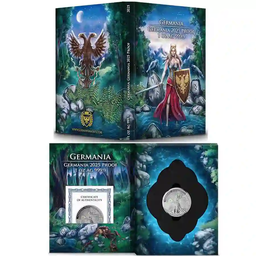1-oz-proof-book 2025 Lady Germania 5 Mark Silver Proof Round