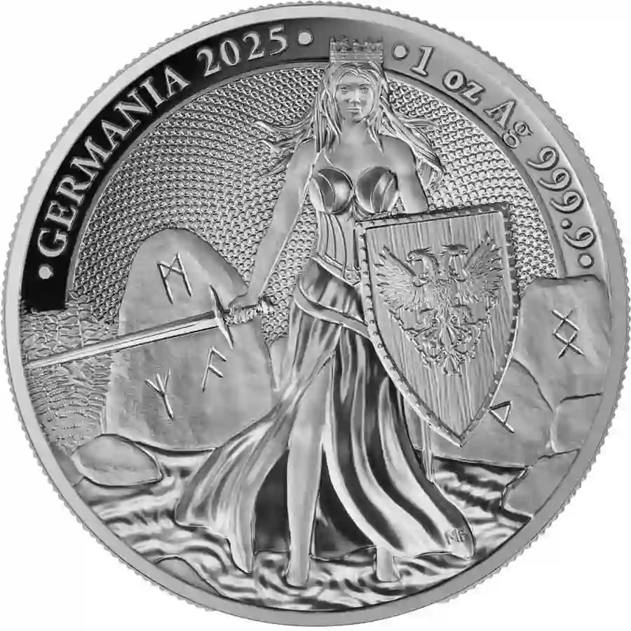 1-oz-proof-rev 2025 Germania 1 Ounce Lady Germania 5 Mark Silver Proof Round