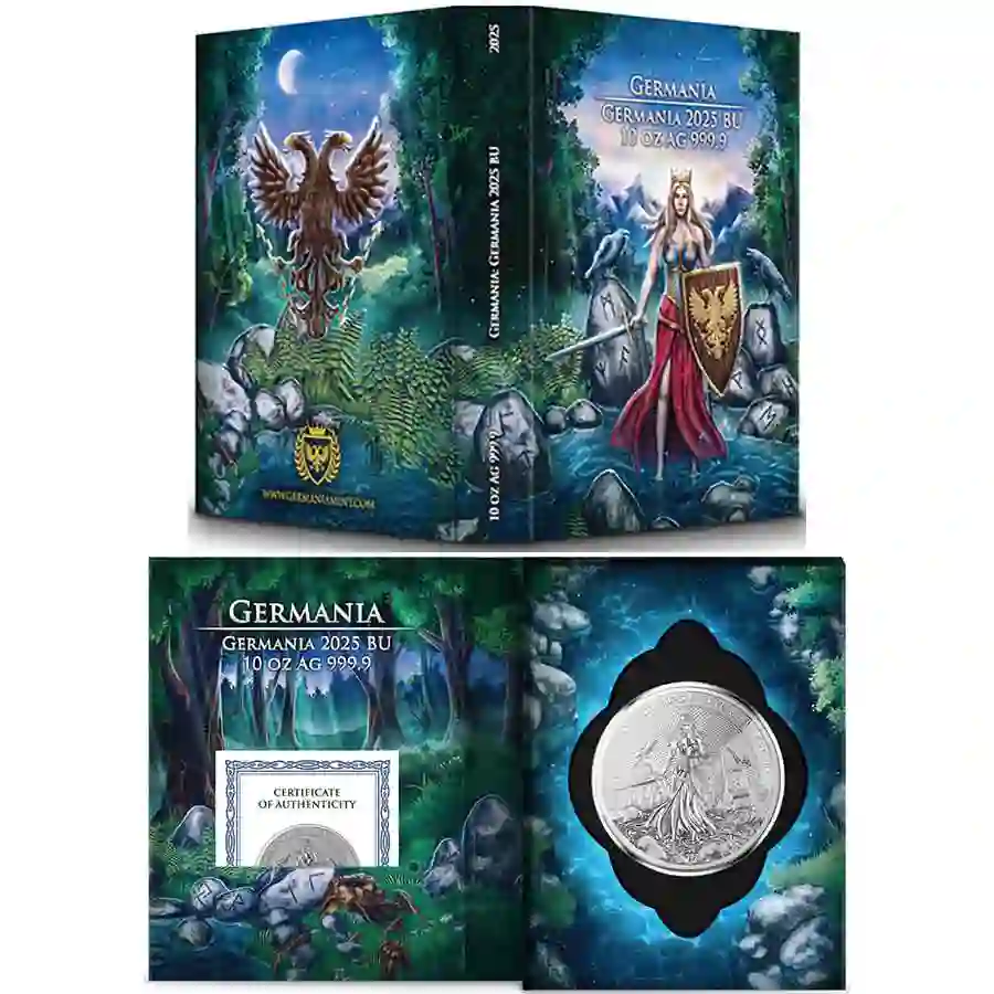 10-oz-bu-book 2025 Lady Germania 10 ounce Silver coin