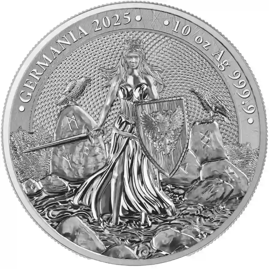 10-oz-bu-rev 2025 Germania 10 Ounce Lady Germania 50 Mark BU Silver Round