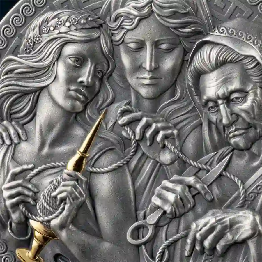 detail 2025 Greek Mythology Moirai 24K Gilded High Relief Silver Coin
